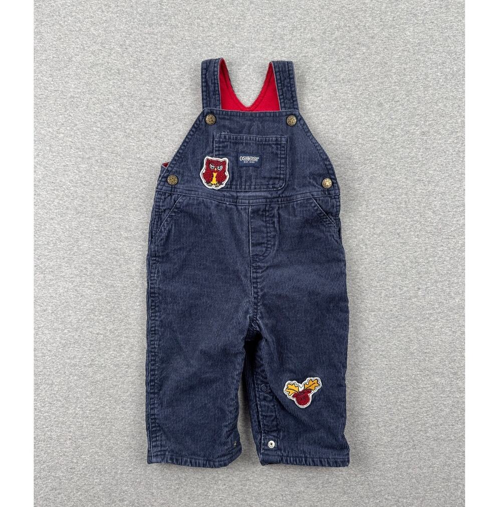 Vintage OshKosh Baby Corduroy Overalls 6/9 Months Navy Blue Owl Moose Patch